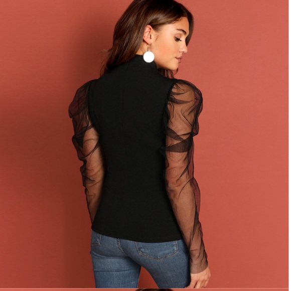 New! Mock Neck Puff Mesh Sleeve Bodysuit In Black - Picture 4 of 8